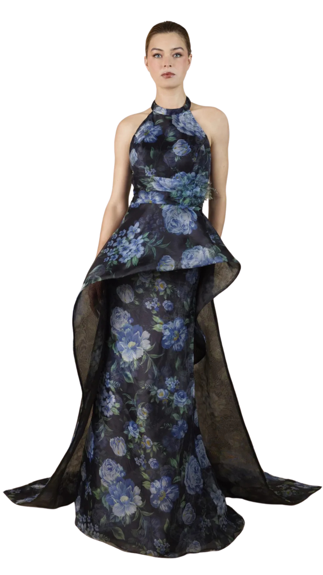 Organza Collar Halter Gown in Twilight Blossom Organza Collar Halter Gown in Twilight Blossom