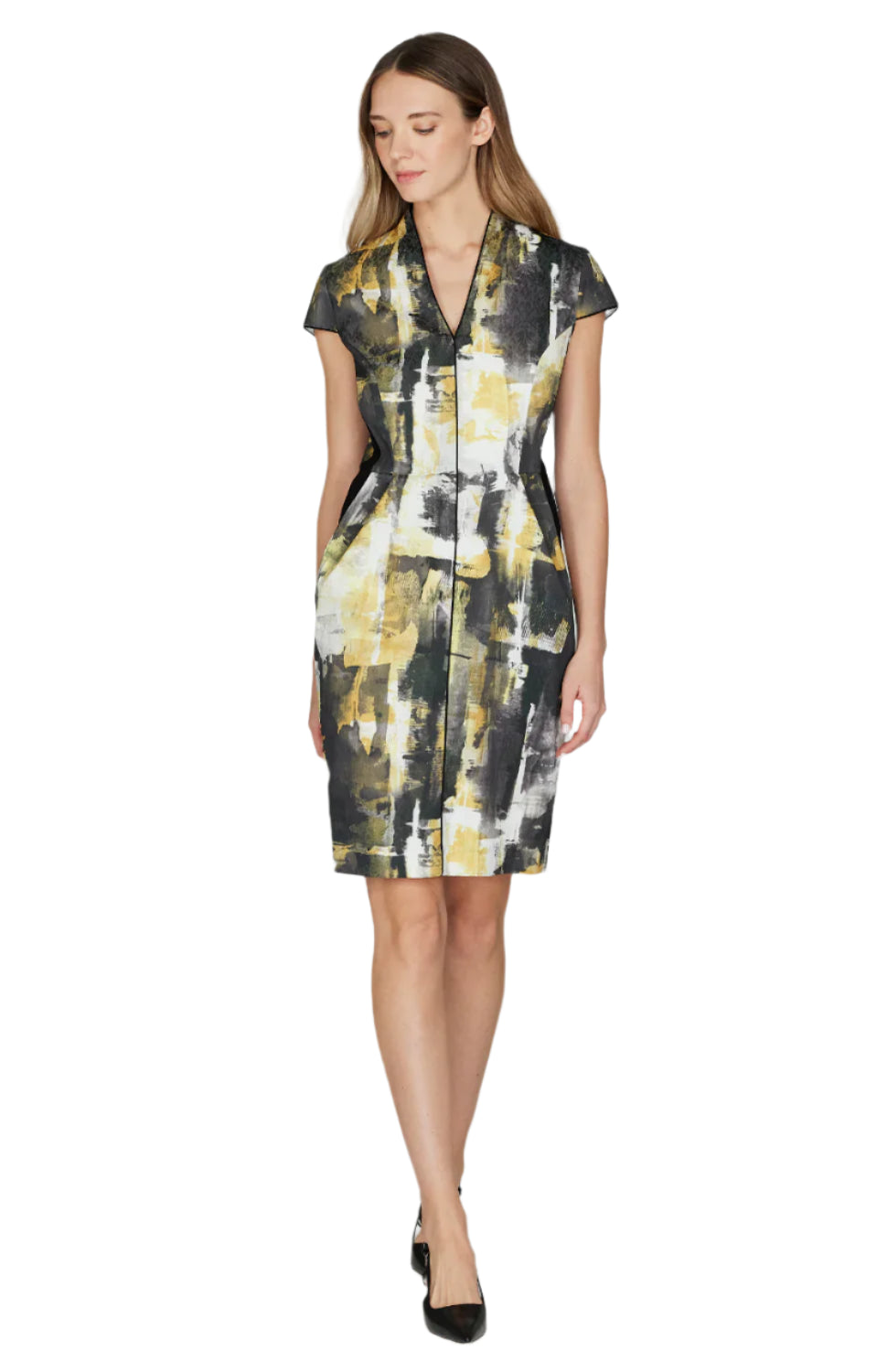 Abstraction Stretch Jacquard High Neck Fitted Dress W/ Cap Sleeves 8 / Yellow Multi AX