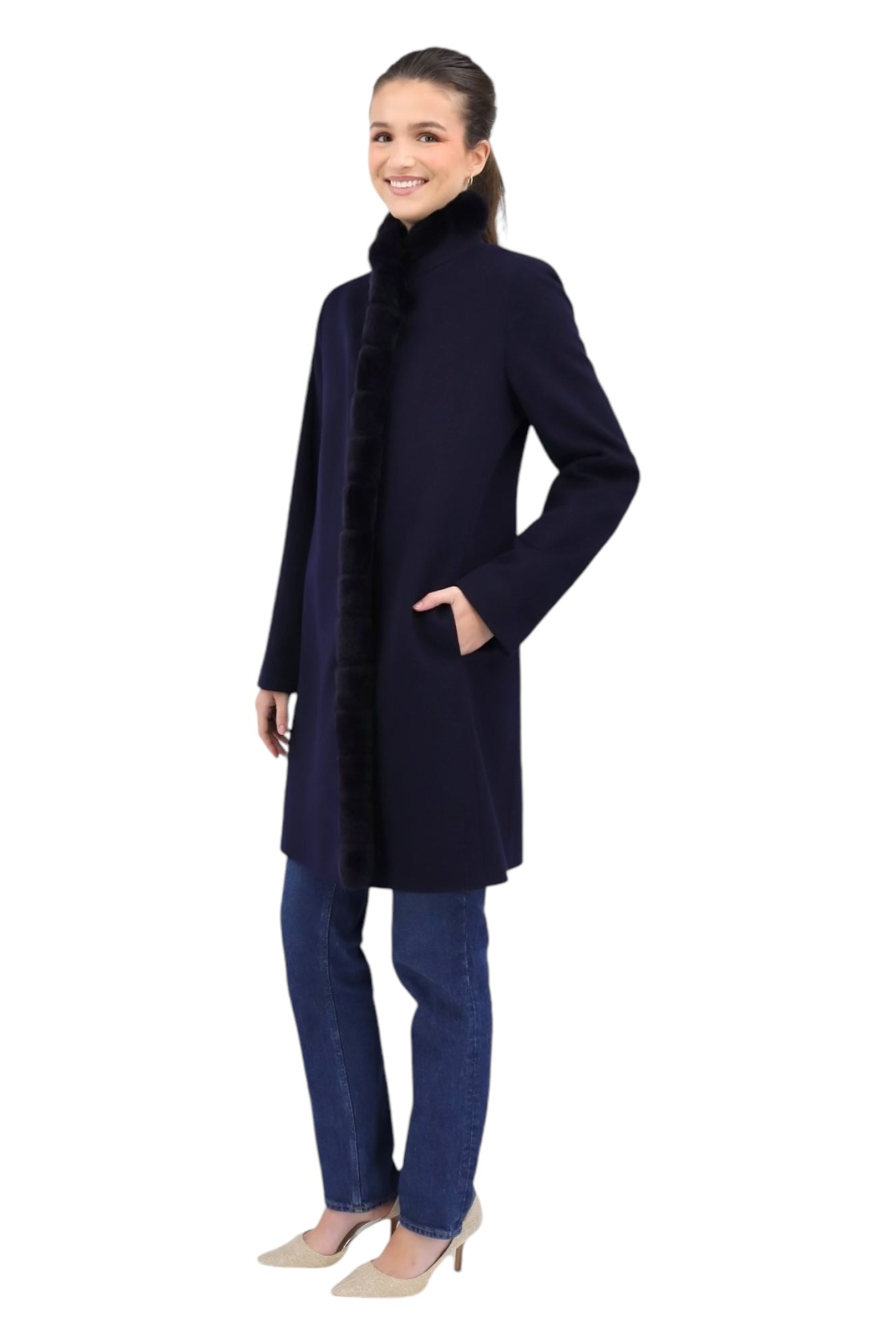 100% Loro Piana Wool Coat W/ Dyed Rex Rabbit Trim in