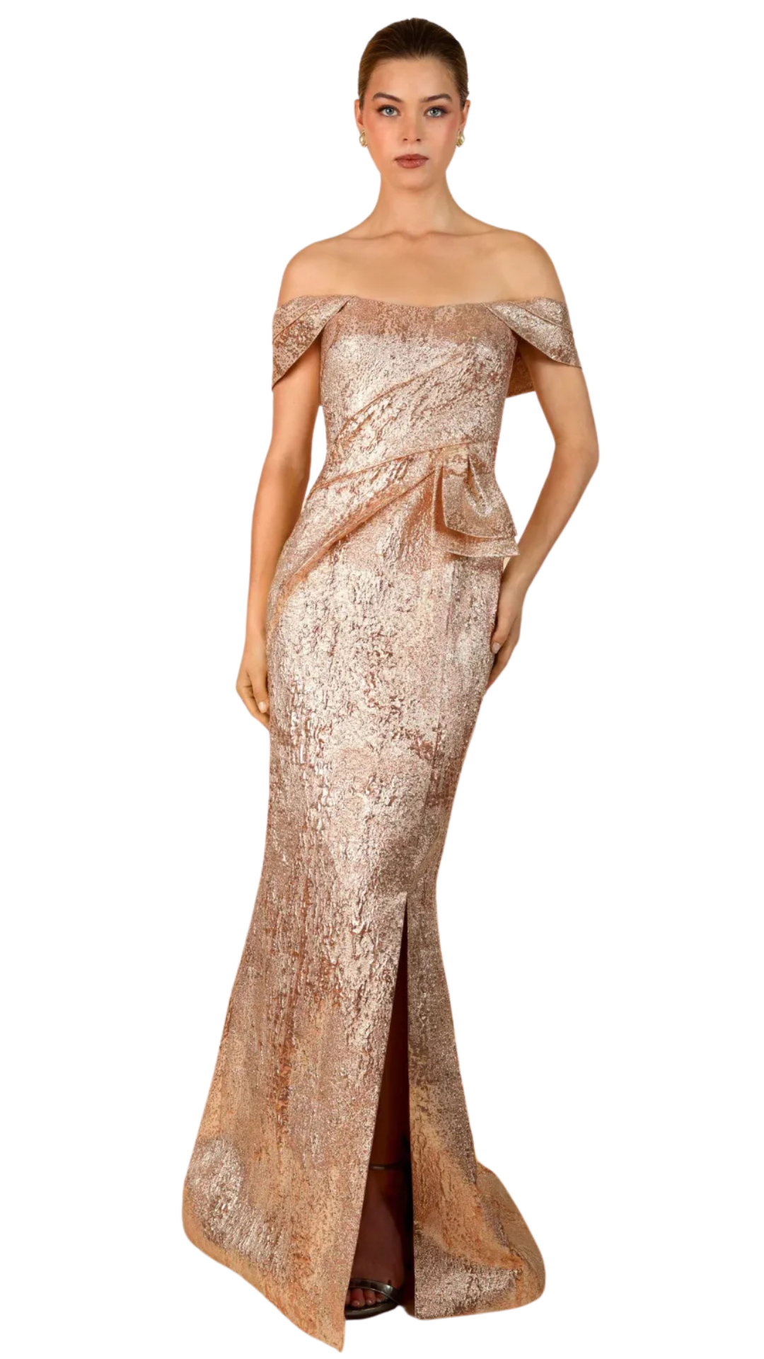 Off-Shoulder Slit Gown in Champagne Gold / 12 / 1020