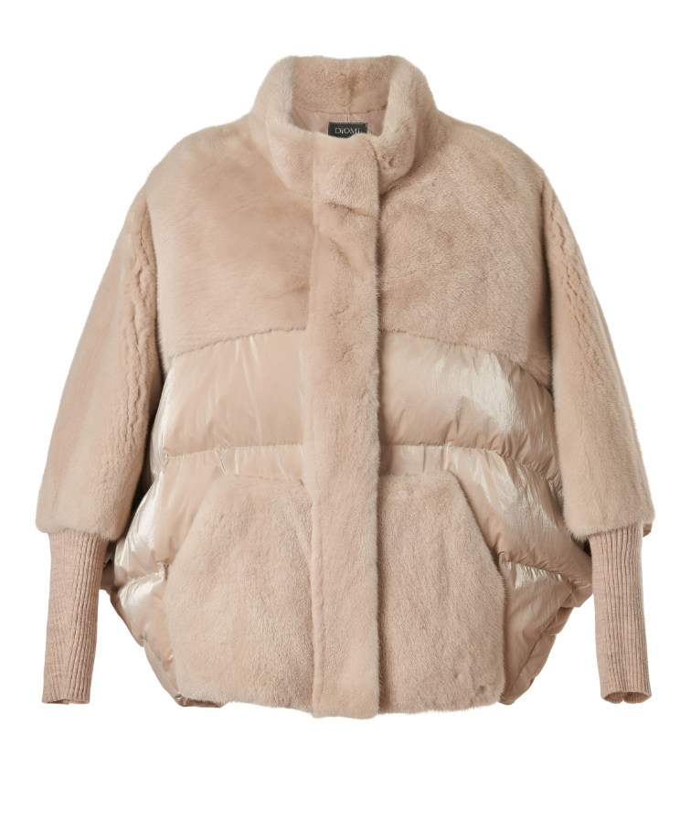 Mink/ Down Puffer Jacket w/ Knit Sleeves in Cream – Carl Meyers Mink/ Down Puffer Jacket w/ Knit Sleeves in Cream – Carl Meyers