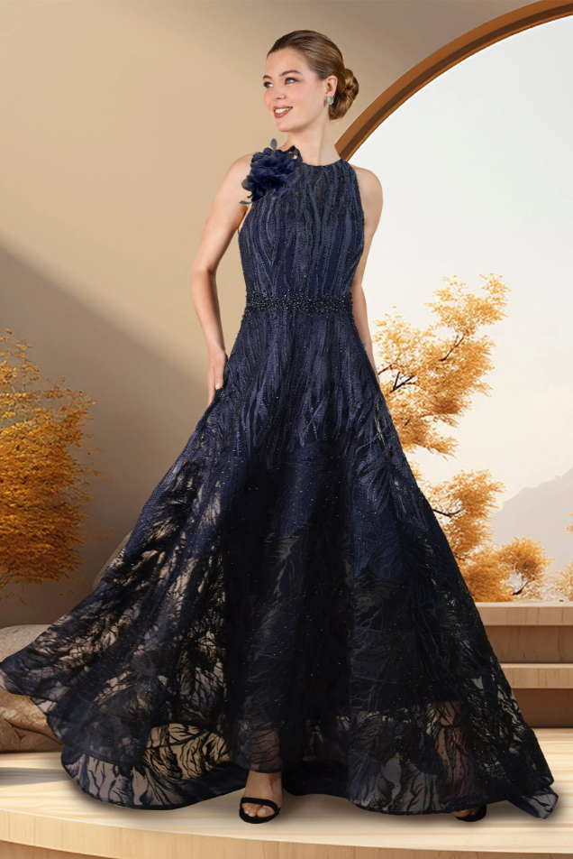 Sleeveless Floral Accent A Line Gown in Navy
