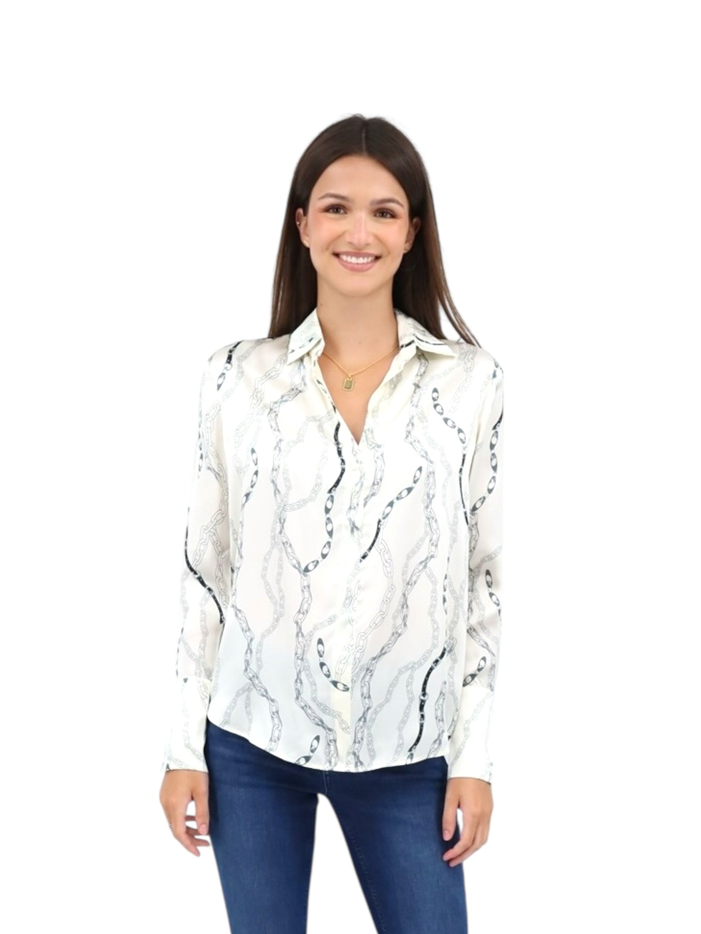 Daria French Cuff Silk Blouse in White Chain