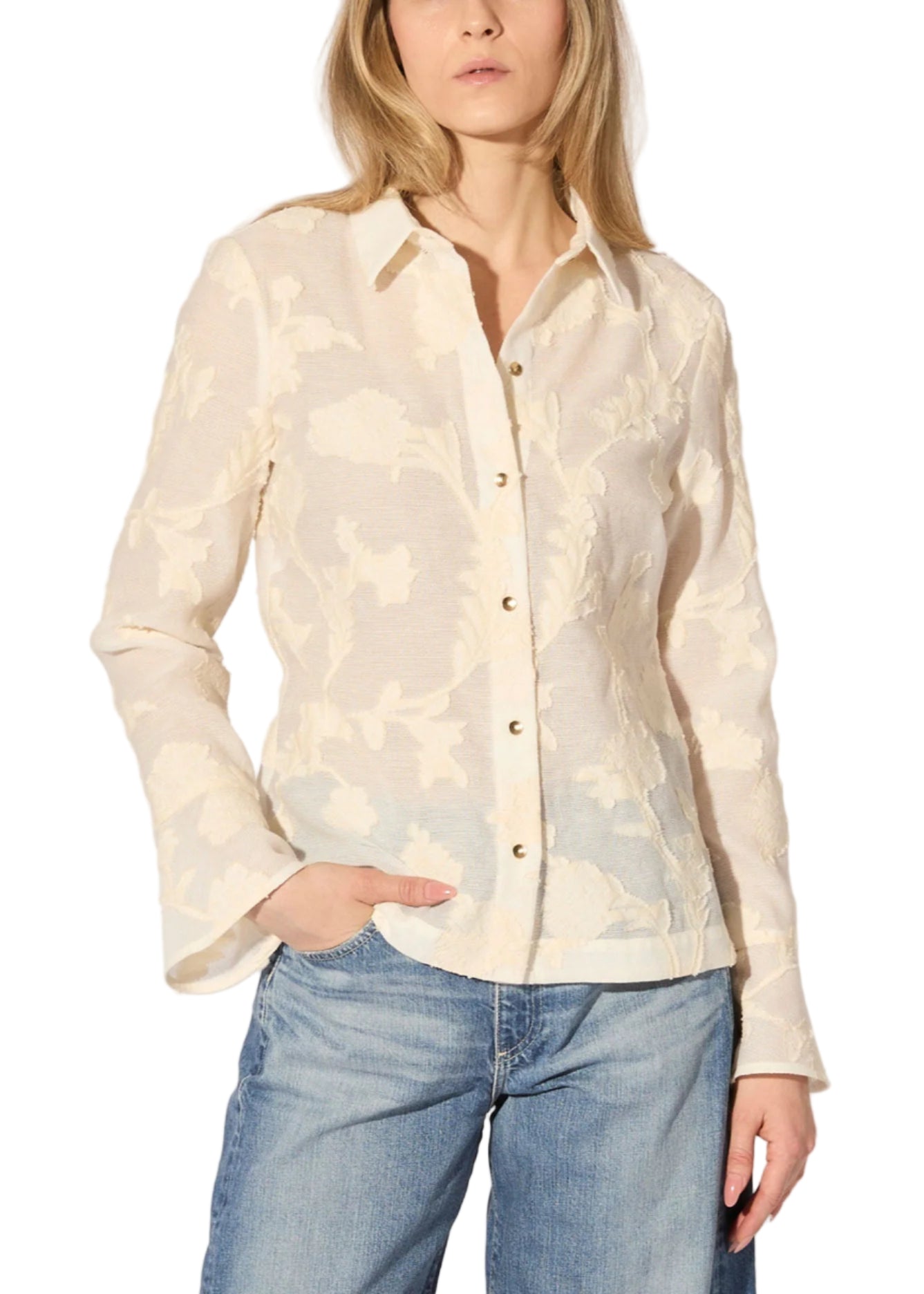 Floral Cotton Gazar Blouse in Ecru Ivory