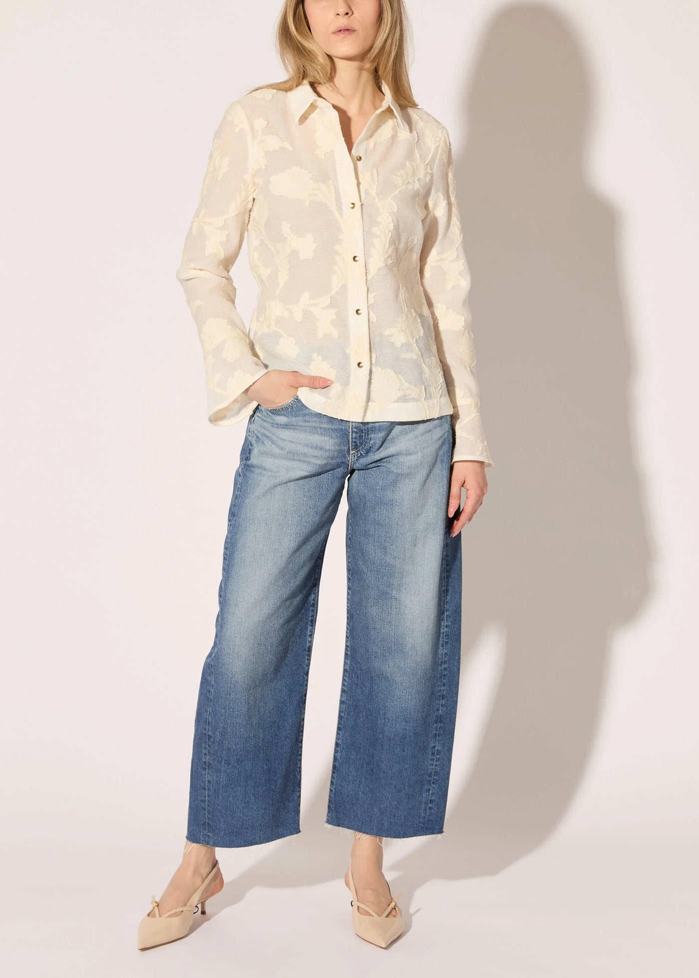 Floral Cotton Gazar Blouse in Ecru Ivory