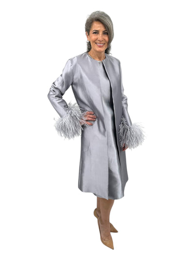 Martha Jacket With Boa Cuff (Ostrich Feathers) Platinum Silk Razimir