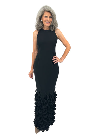 Racer Neck Sheath Gown with Spiral Hem in Black