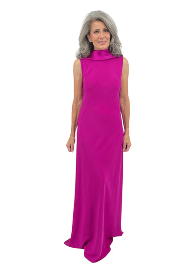 Silk Satin Back Crepe Burnoose Back Gown in Cerise