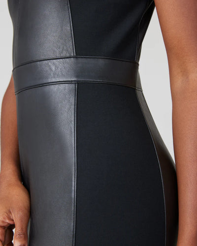 Leather-Like Combo Fitted Dress - Classic Black