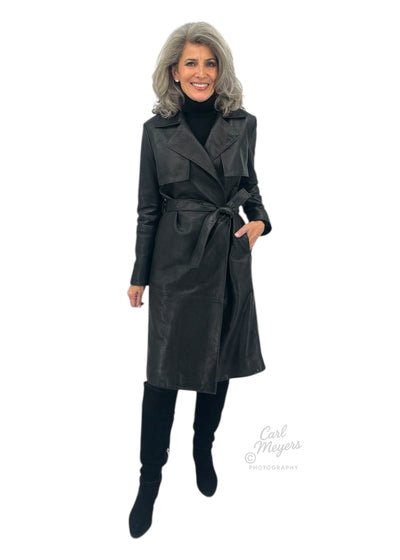 Notch Collar Metallic Suede Trench Coat in Black