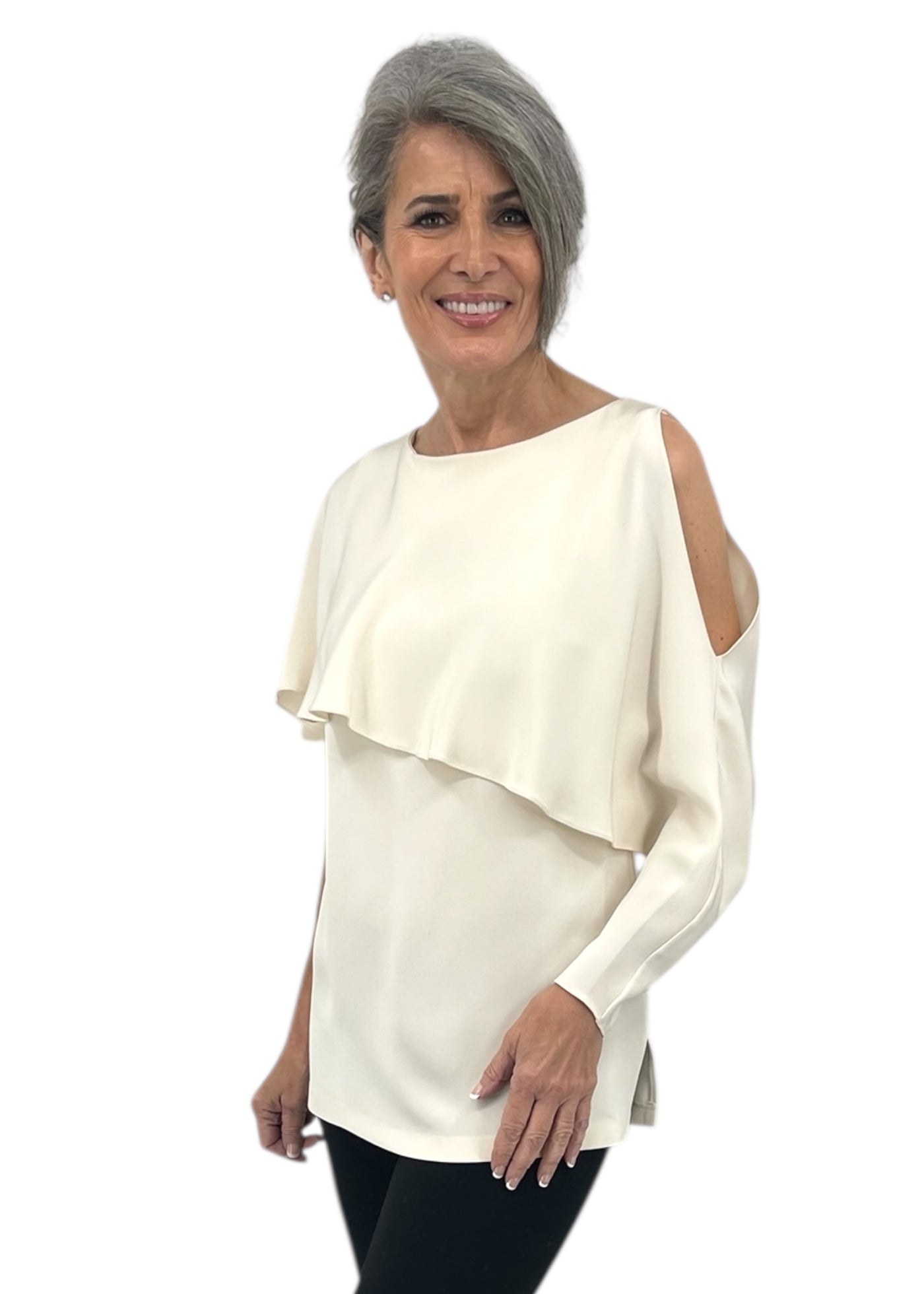 Silk Cold Shoulder Top in Ivory
