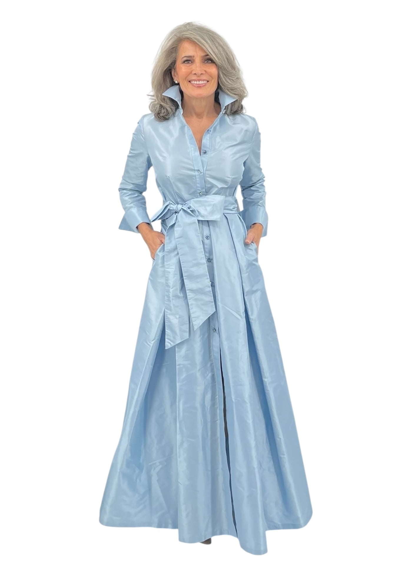 BB Brittany Silk Taffeta Shirt Gown in Light Blue