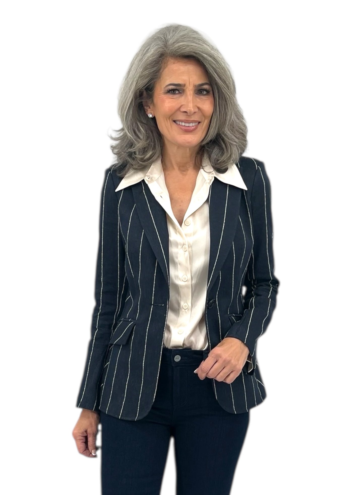 Pinstripe Trompette Sleeve Blazer in Navy