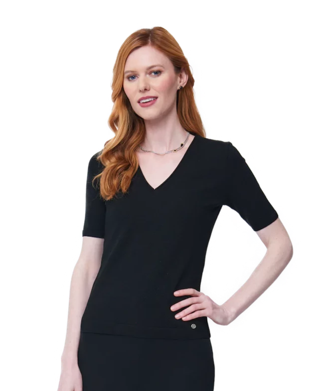 Elena V-Neck Ribbed Top - Black