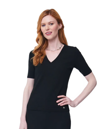 Elena V-Neck Ribbed Top - Black