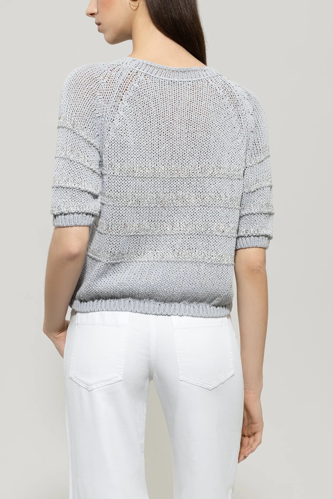 Linen-Blend Striped Sweater in Silver Gray