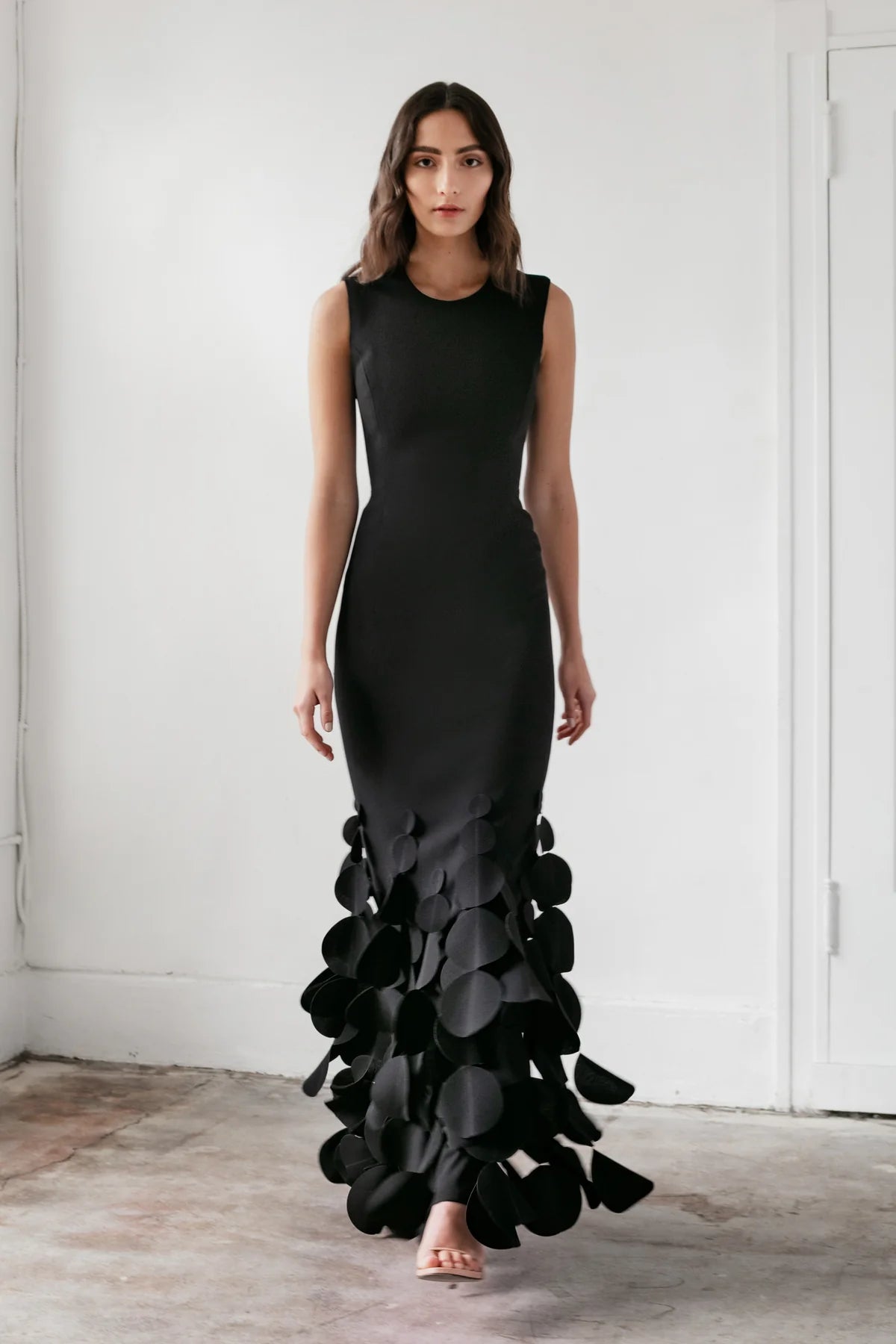 Jewel Neck Sheath With Swinging Disc Hem Slim Floor Length Techno Crepe - Black