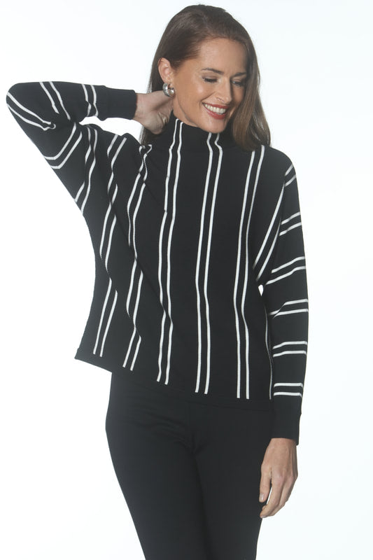 Funnel Neck Stripe Top - Black/Ivory