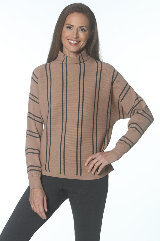 Funnel Neck Stripe Top - Charcoal/Camel