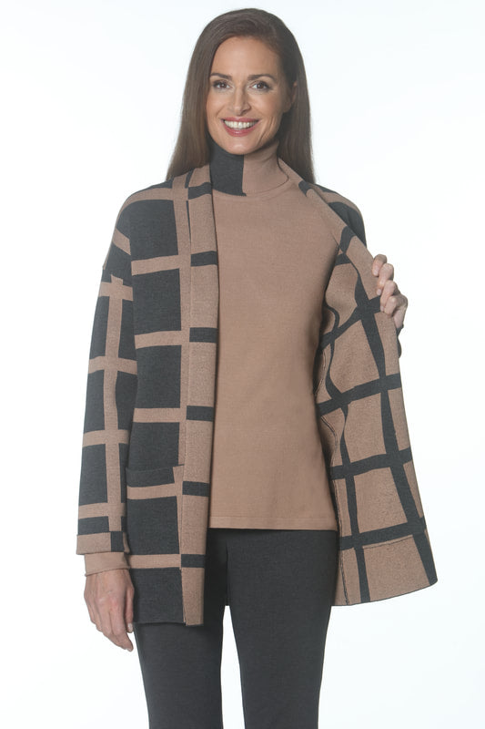 Reversible Windowpane Cardigan - Charcoal/Camel