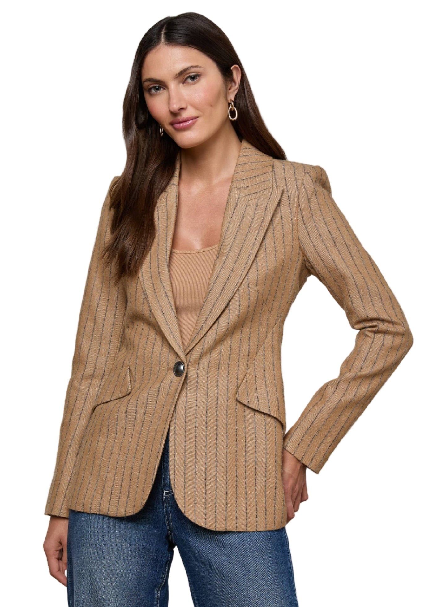 Chamberlain Pinstripe Blazer in Tan/Charcoal Stripe