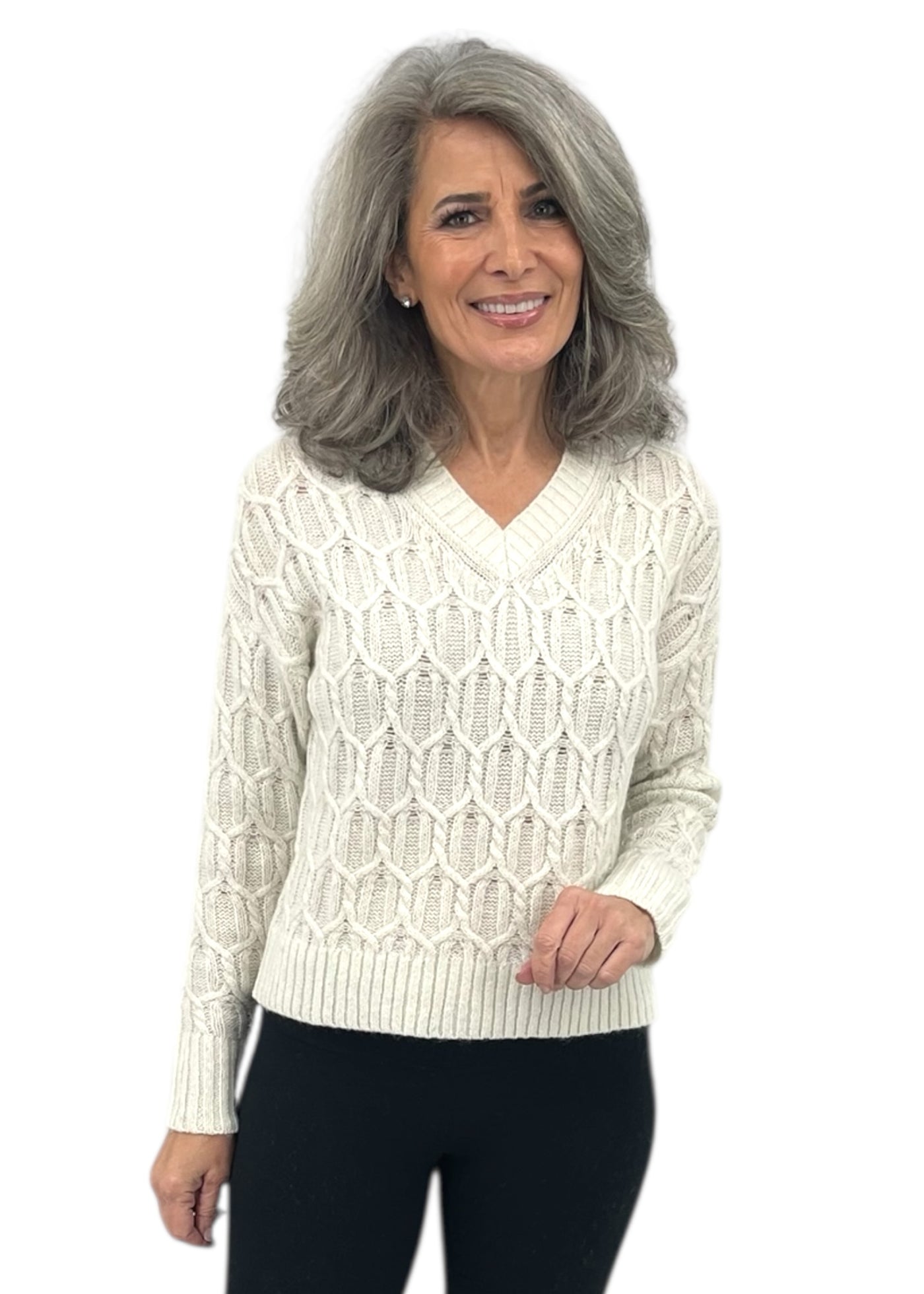 Lofty Lurex Cable Sweater in Ivory