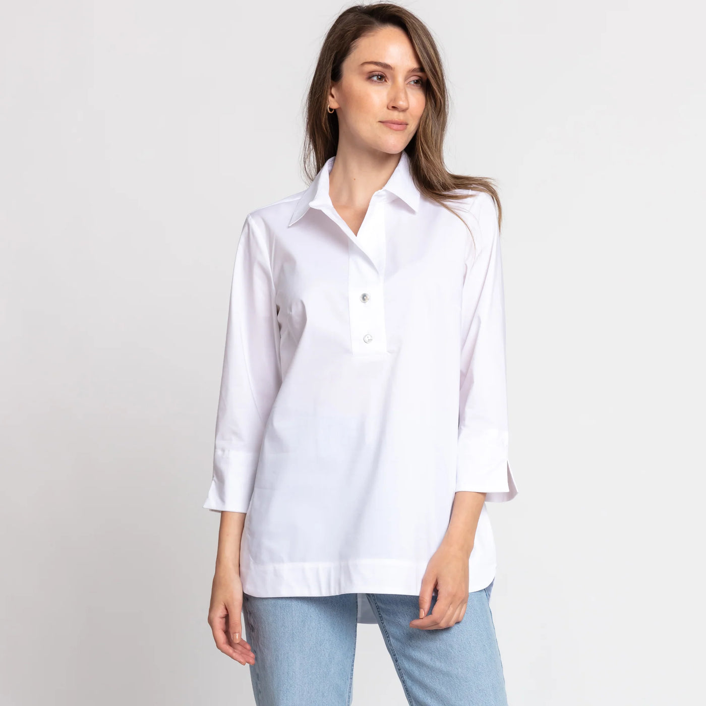 Aileen 3/4 Sleeve Button Back Tunic in White