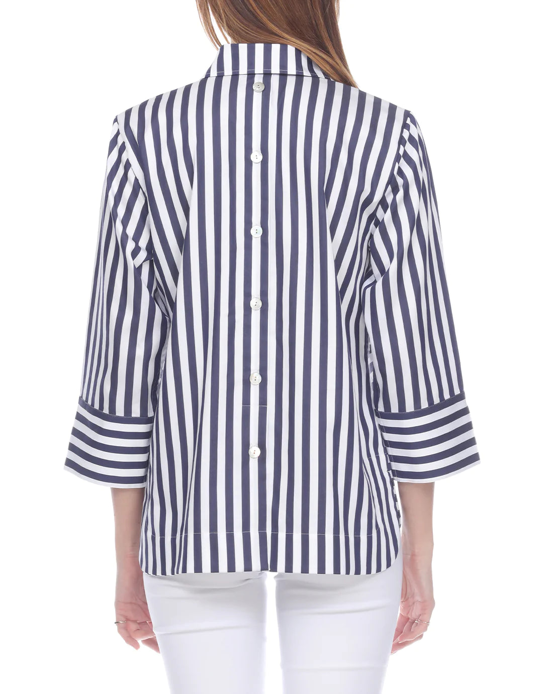 3/4 Sleeve Aileen Stripe with Gingham Cuff Top - Navy/White
