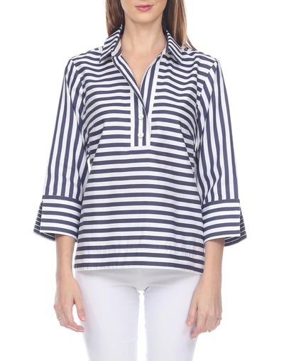3/4 Sleeve Aileen Stripe with Gingham Cuff Top - Navy/White