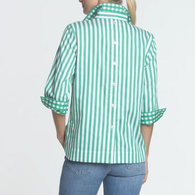 3/4 Sleeve Aileen Stripe with Gingham Cuff Top - Green/White