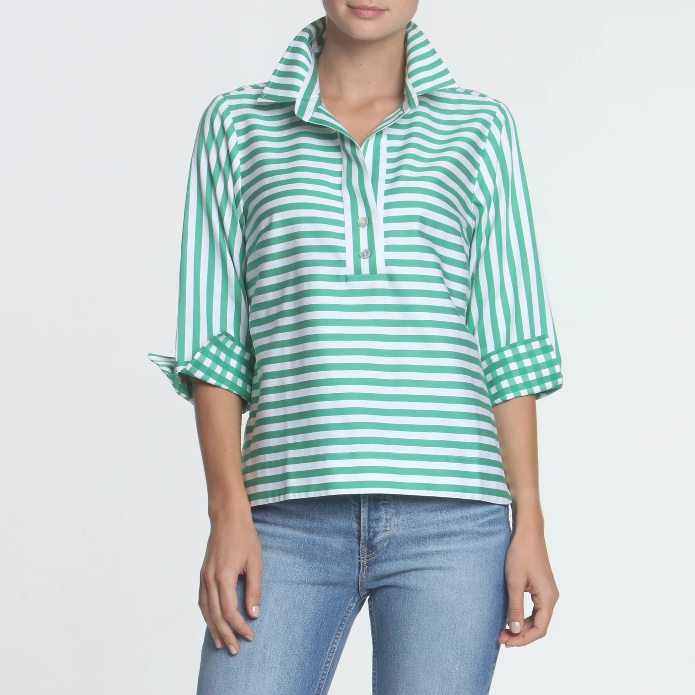 3/4 Sleeve Aileen Stripe with Gingham Cuff Top - Green/White