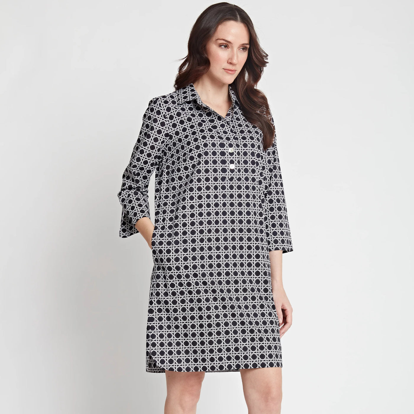 3/4 Sleeve Aileen Button Back Dress - Black/White