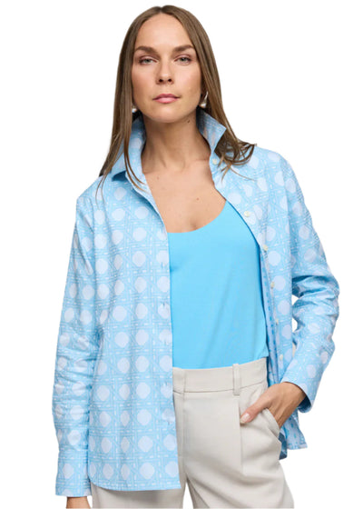 Margot Long Sleeve Lattice Shirt in Ceramic Blue Jacquard