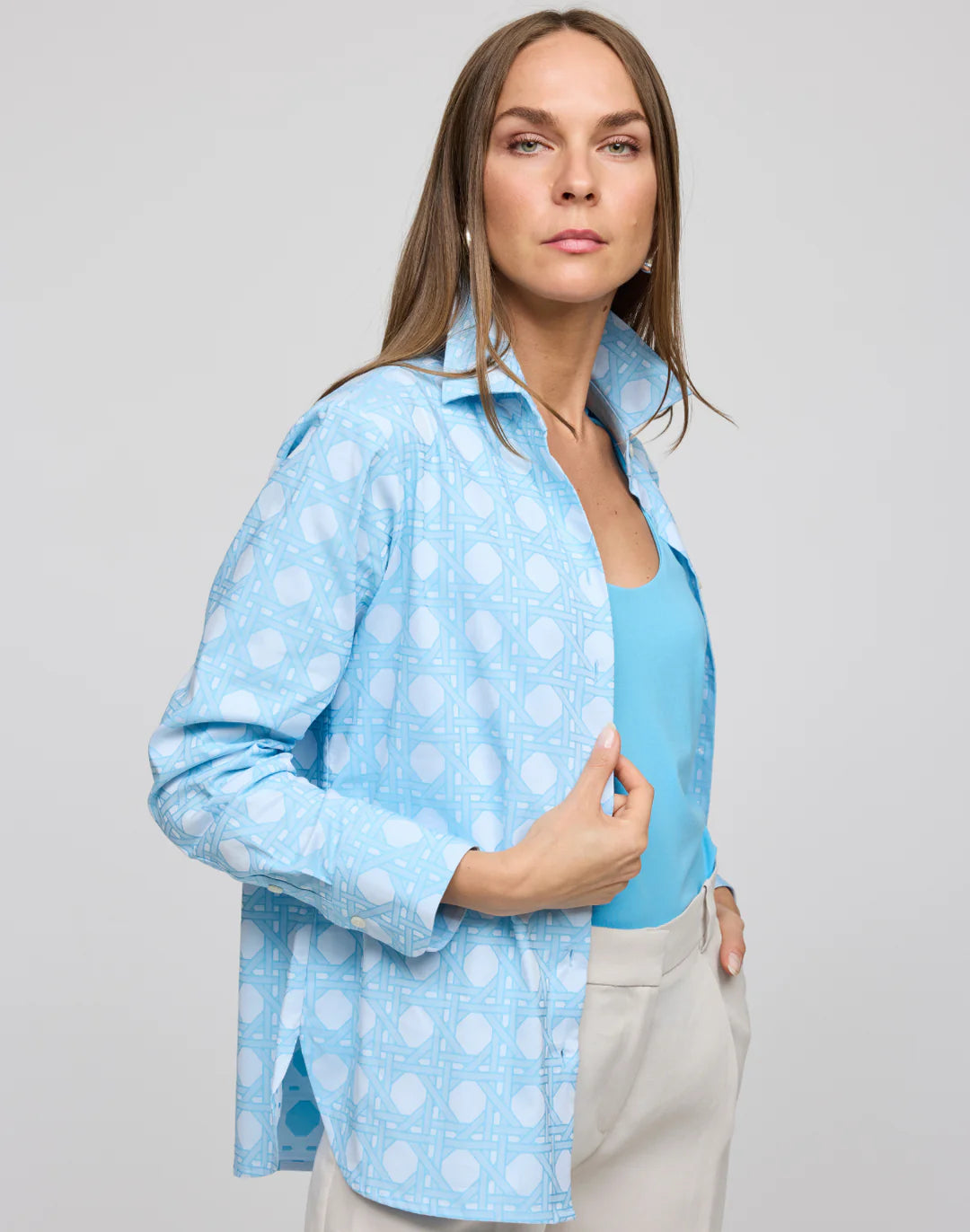 Margot Long Sleeve Lattice Shirt in Ceramic Blue Jacquard
