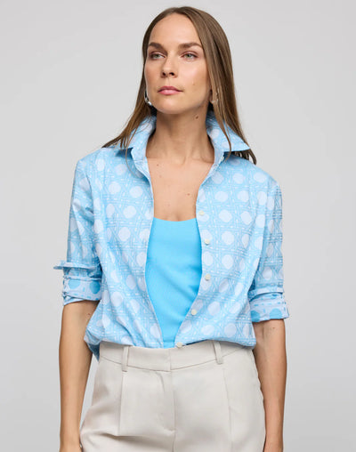 Margot Long Sleeve Lattice Shirt in Ceramic Blue Jacquard