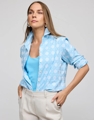 Margot Long Sleeve Lattice Shirt in Ceramic Blue Jacquard