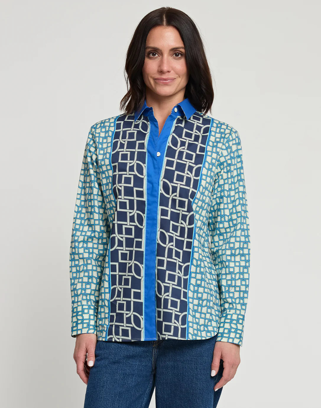 Margot Maze Geo Print Shirt in Blue Combo