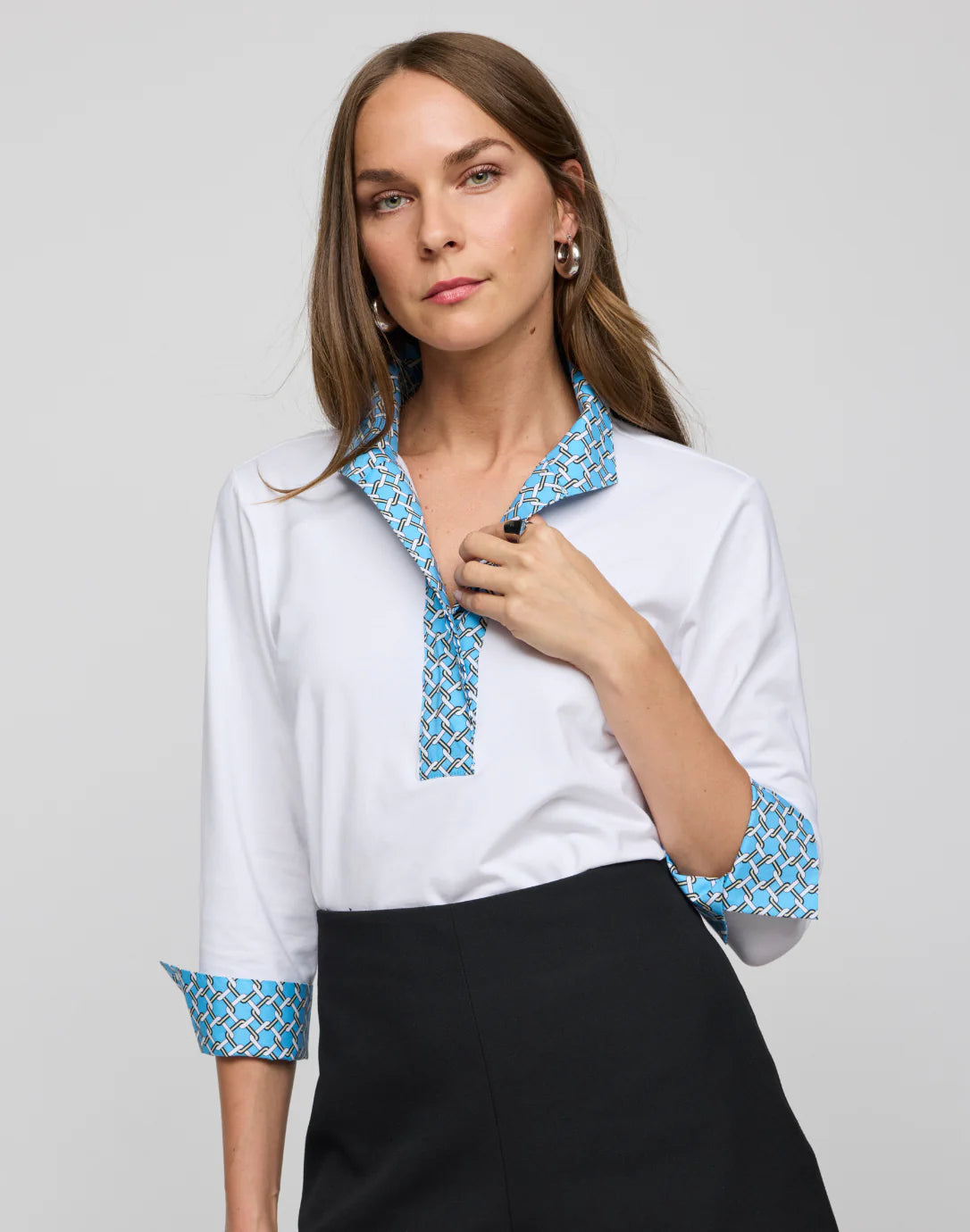 Ainsley 3/4 Sleeve Chain Link Shirt in Ceramic Blue
