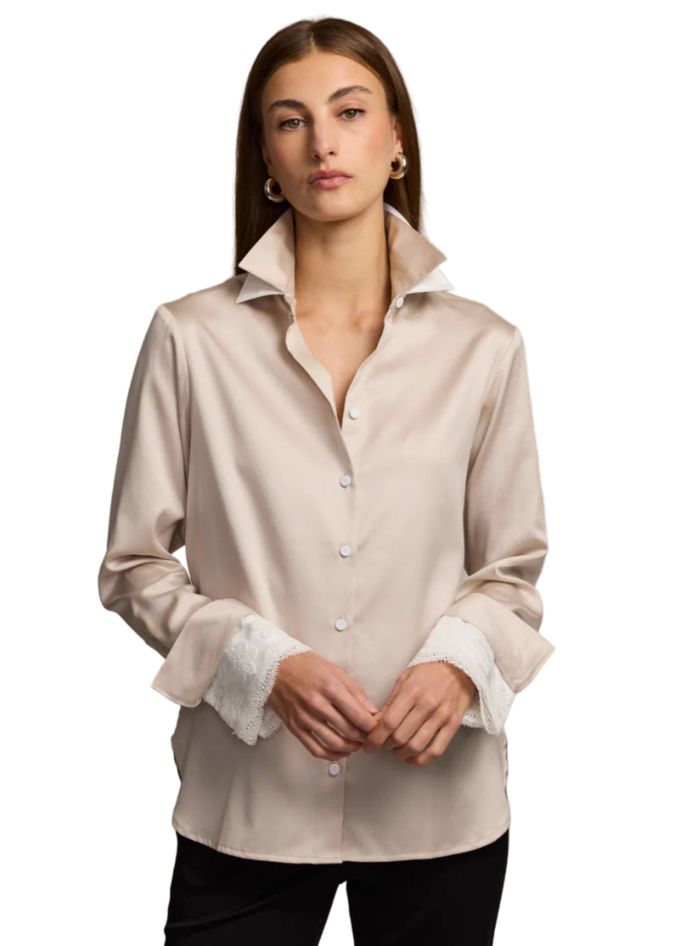 Margot Long Sleeve Cotton Satin Shirt in Champagne