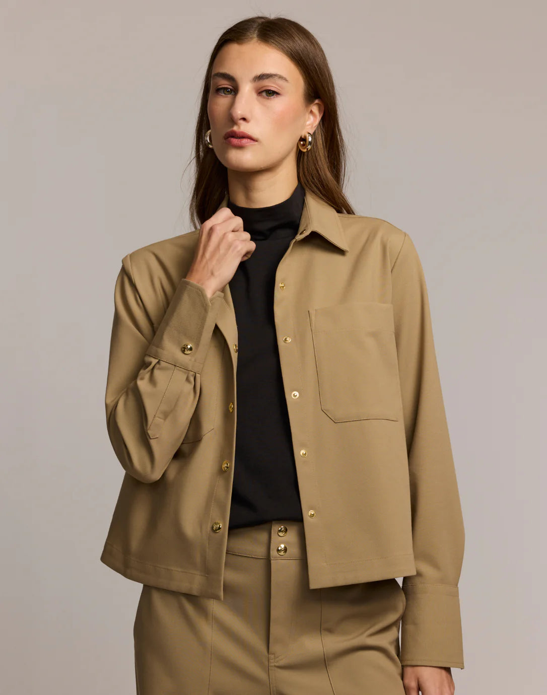 Astrid Long Sleeve Traveler's Twill Shirt Jacket in Khaki