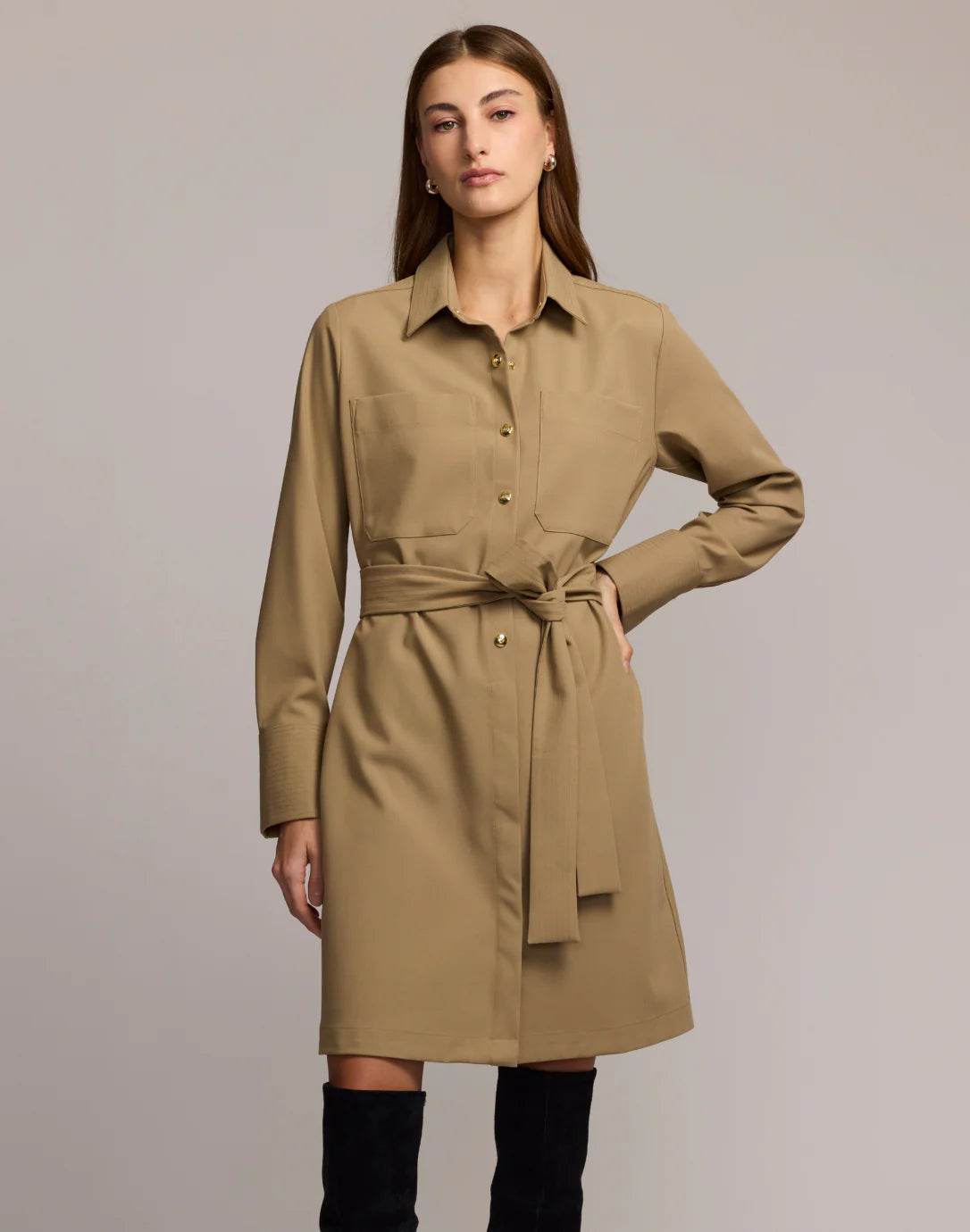 Astrid Long Sleeve Traveler's Twill Dress in Khaki