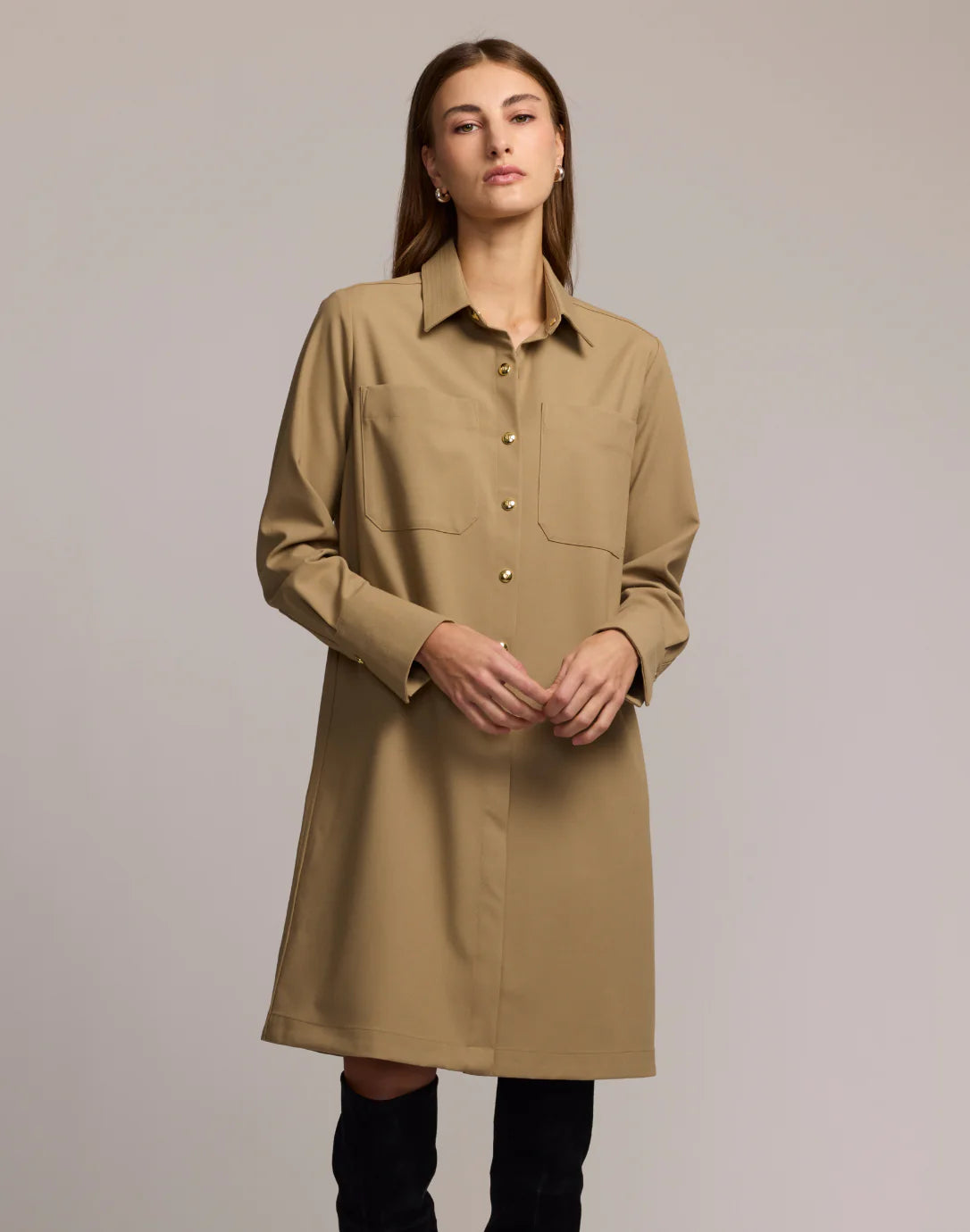 Astrid Long Sleeve Traveler's Twill Dress in Khaki