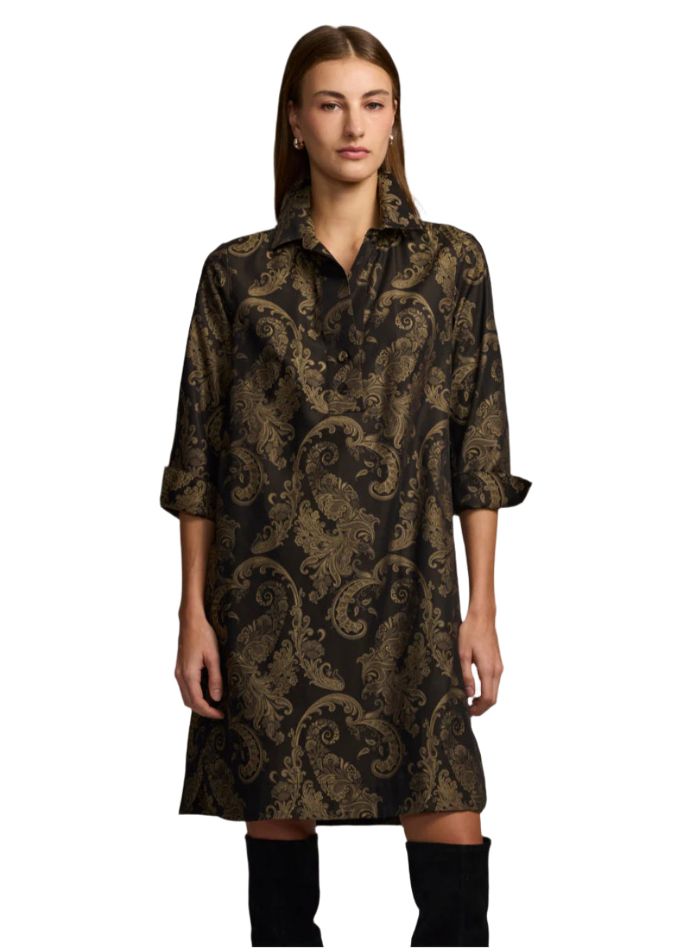 Aileen 3/4 Sleeve Paisley Jacquard Dress in Black/Khaki