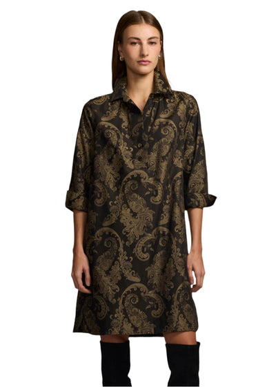 Aileen 3/4 Sleeve Paisley Jacquard Dress in Black/Khaki
