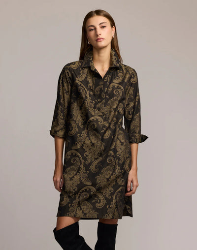 Aileen 3/4 Sleeve Paisley Jacquard Dress in Black/Khaki