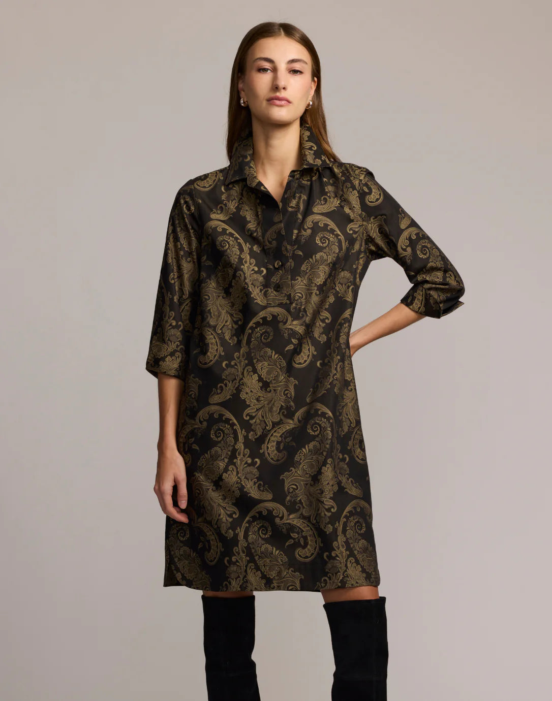 Aileen 3/4 Sleeve Paisley Jacquard Dress in Black/Khaki