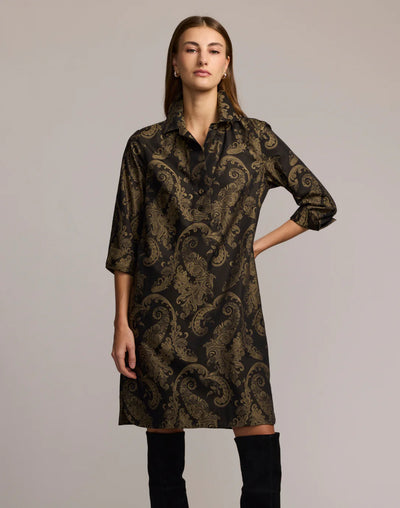 Aileen 3/4 Sleeve Paisley Jacquard Dress in Black/Khaki