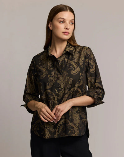 Aileen 3/4 Sleeve Paisley Jacquard Shirt in Black/Khaki