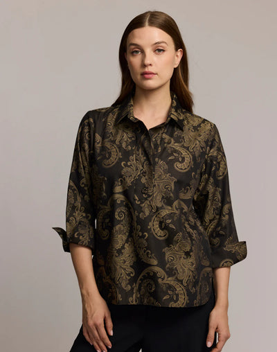 Aileen 3/4 Sleeve Paisley Jacquard Shirt in Black/Khaki