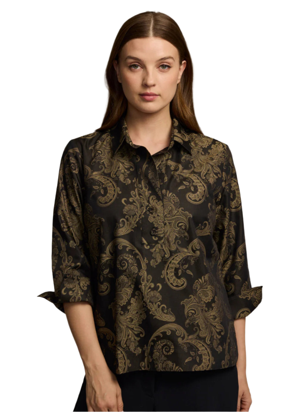 Aileen 3/4 Sleeve Paisley Jacquard Shirt in Black/Khaki